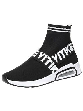 Black Knit High-Top Slip-On Sneakers with Contrast Strap